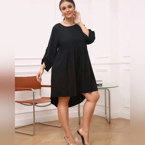 Black Roll-up Sleeve Solid Smock Dress. SIZE 1X.